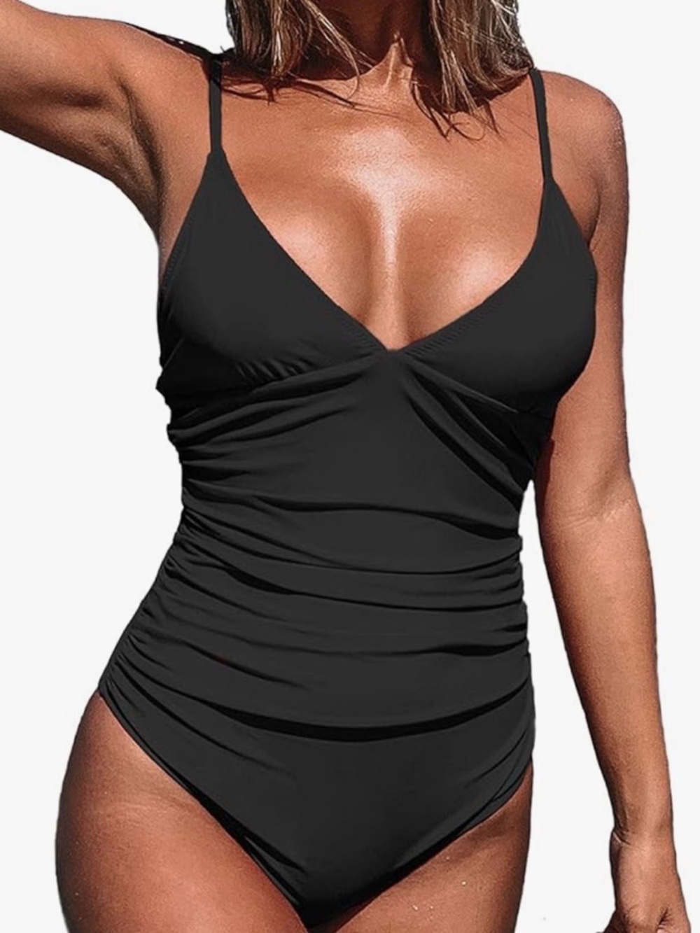 Cupshe Black Ruched V-Neck One-Piece Swimsuit